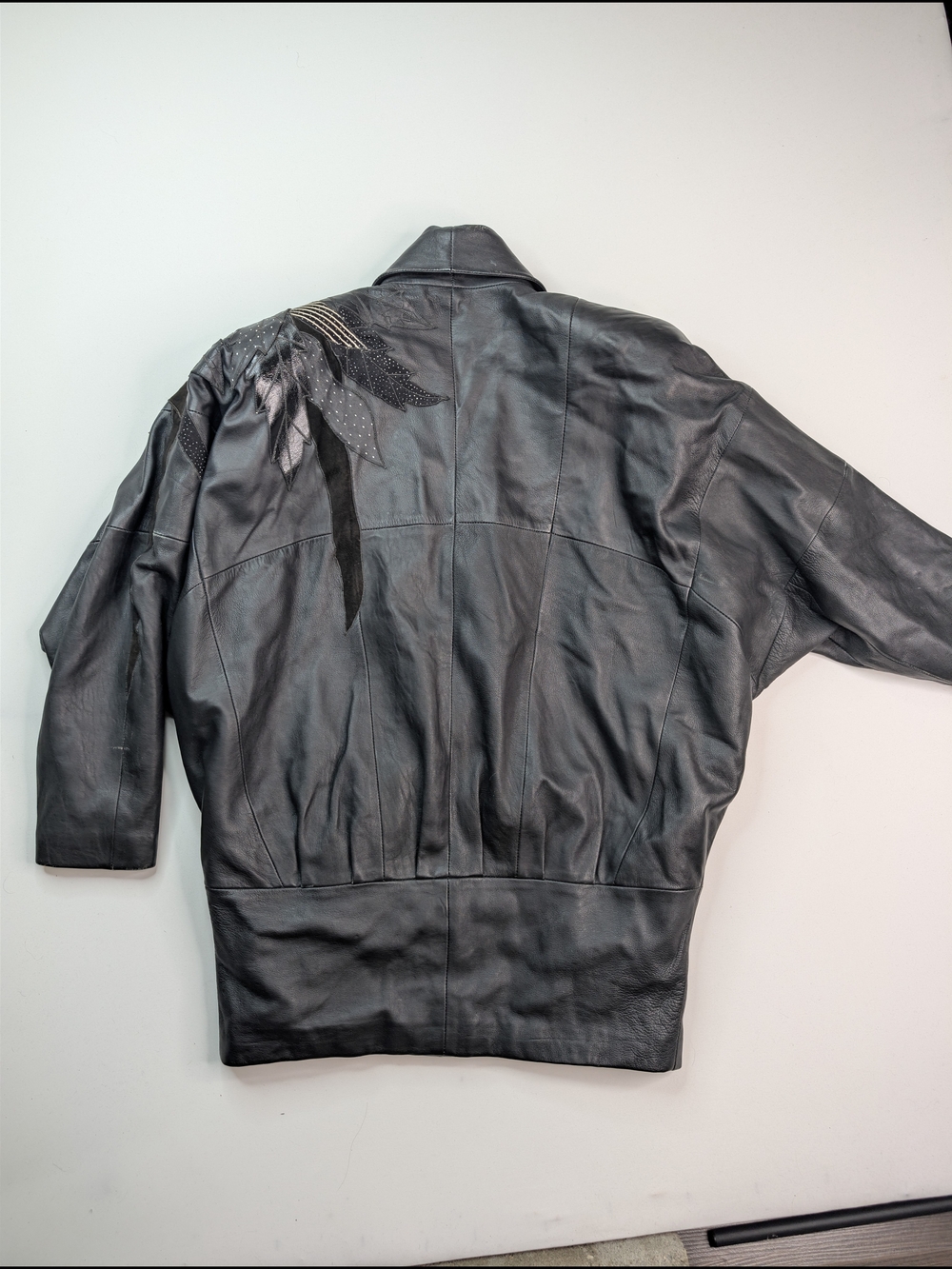 Vintage Black Women's Leather Button-Front Jacket with Embellished Shoulder - Picture 7 of 8